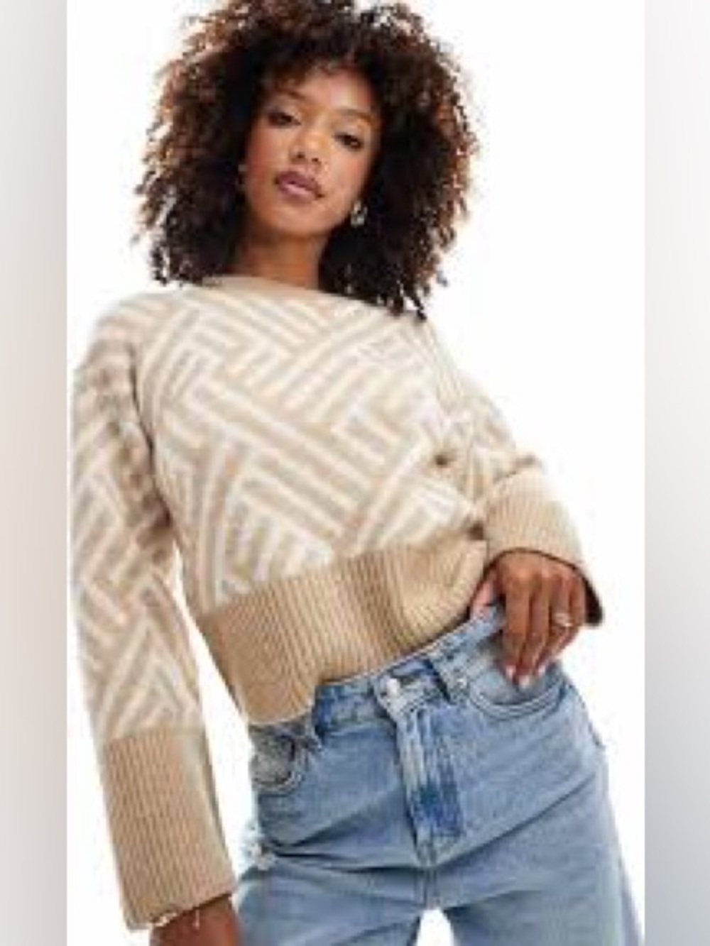 French Connection Martina Graphic Sweater Beige & Cream Patterned Crewneck Sz L